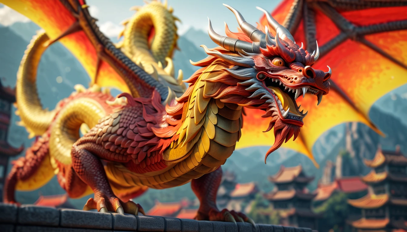 Druged 3d chinese dragon, Flying, huge, capsuled dragon 3 d art, stunning artwork, extremely high quality artwork, beautiful artwork, colorful hyperrealism, beeple colors, red, yellow, orange, grey, wide shot, (best quality,4k,8k,highres,masterpiece:1.2),ultra-detailed,(realistic,photorealistic,photo-realistic:1.37),HDR,UHD,studio lighting,ultra-fine painting,sharp focus,physically-based rendering,extreme detail description,professional,vivid colors,bokeh. Attention：Original art by Tupu.