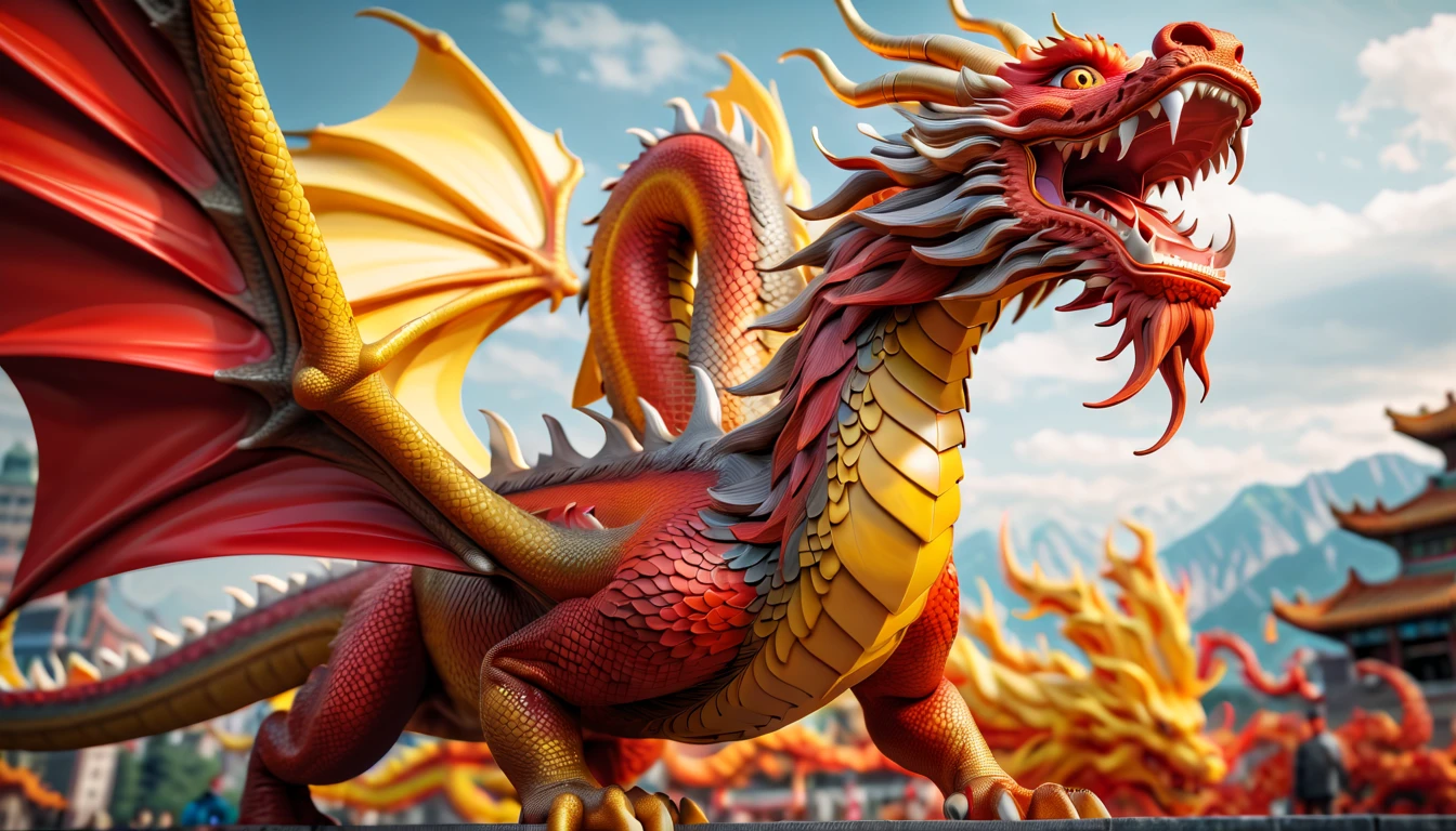 Druged 3d chinese dragon, Flying, huge, capsuled dragon 3 d art, stunning artwork, extremely high quality artwork, beautiful artwork, colorful hyperrealism, beeple colors, red, yellow, orange, grey, wide shot, (best quality,4k,8k,highres,masterpiece:1.2),ultra-detailed,(realistic,photorealistic,photo-realistic:1.37),HDR,UHD,studio lighting,ultra-fine painting,sharp focus,physically-based rendering,extreme detail description,professional,vivid colors,bokeh. Attention：Original art by Tupu.