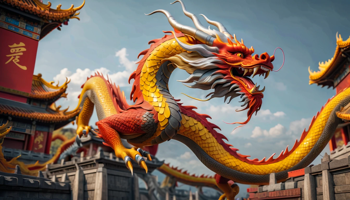 Druged 3d chinese dragon, Flying, huge, capsuled dragon 3 d art, stunning artwork, extremely high quality artwork, beautiful artwork, colorful hyperrealism, beeple colors, red, yellow, orange, grey, wide shot, (best quality,4k,8k,highres,masterpiece:1.2),ultra-detailed,(realistic,photorealistic,photo-realistic:1.37),HDR,UHD,studio lighting,ultra-fine painting,sharp focus,physically-based rendering,extreme detail description,professional,vivid colors,bokeh. Attention:Original art by Tupu.