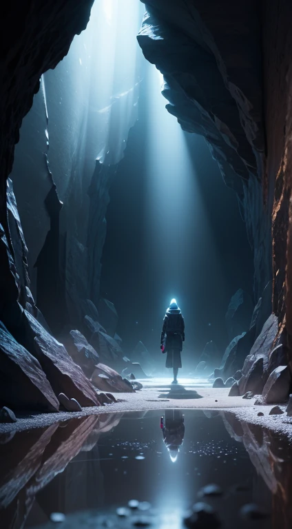 crystal caves in the dark underground, 
reflection, rays, illumination, glowing particles, caustics, 
ultra realistic illustration and highly detailed digital render, 
photon mapping, radiosity, physically-based rendering,