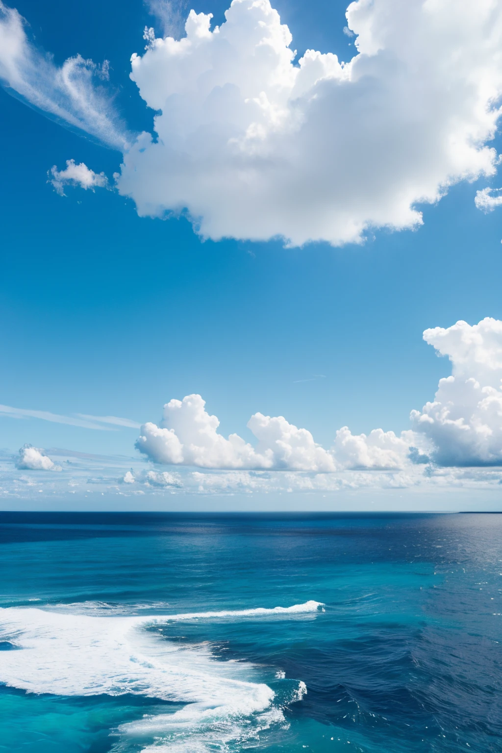 A scene picture of a blue sea,Sky dotted with white cloud to create。