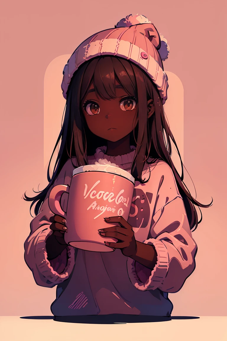Dark skin pretty young woman in an oversized fuzzy fitted shirt, shy, ((holding a pink mug with the letters c-a-t-t-y” written on it)), insanely detailed, 4K, 2D illustration, red hat, clearly detailed eyes,  luminous brown eyes, muted pastels and vibrant brown and white, ray tracing