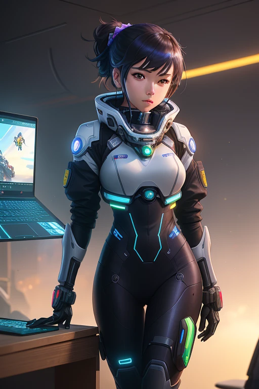 there  a woman in a futuristic suit standing in front of a laptop, makoto shinkai ( apex legends ), girl in mecha cyber armor, portrait anime space cadet girl, cyber suit, echo from overwatch, inspired by Marek Okon, anime cyborg, digital cyberpunk anime art, inspired by Leng Mei, cyberpunk anime girl mech, perfect anime cyborg woman