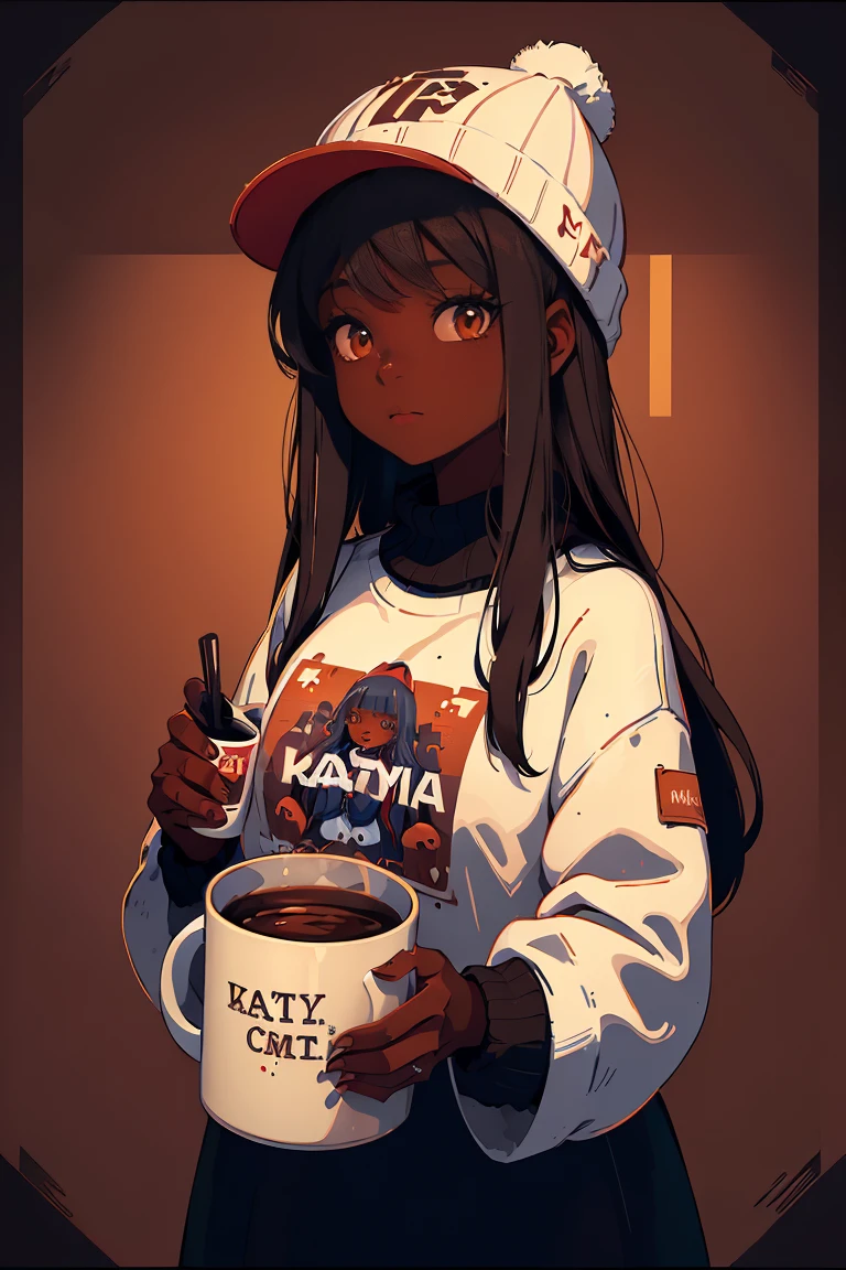 Dark skin pretty young woman in an oversized fuzzy fitted shirt, shy, ((holding a mug with the letters c-a-t-t-y” written on it)), insanely detailed, 4K, 2D illustration, red hat, clearly detailed eyes,  luminous brown eyes, muted pastels and vibrant brown and white, ray tracing