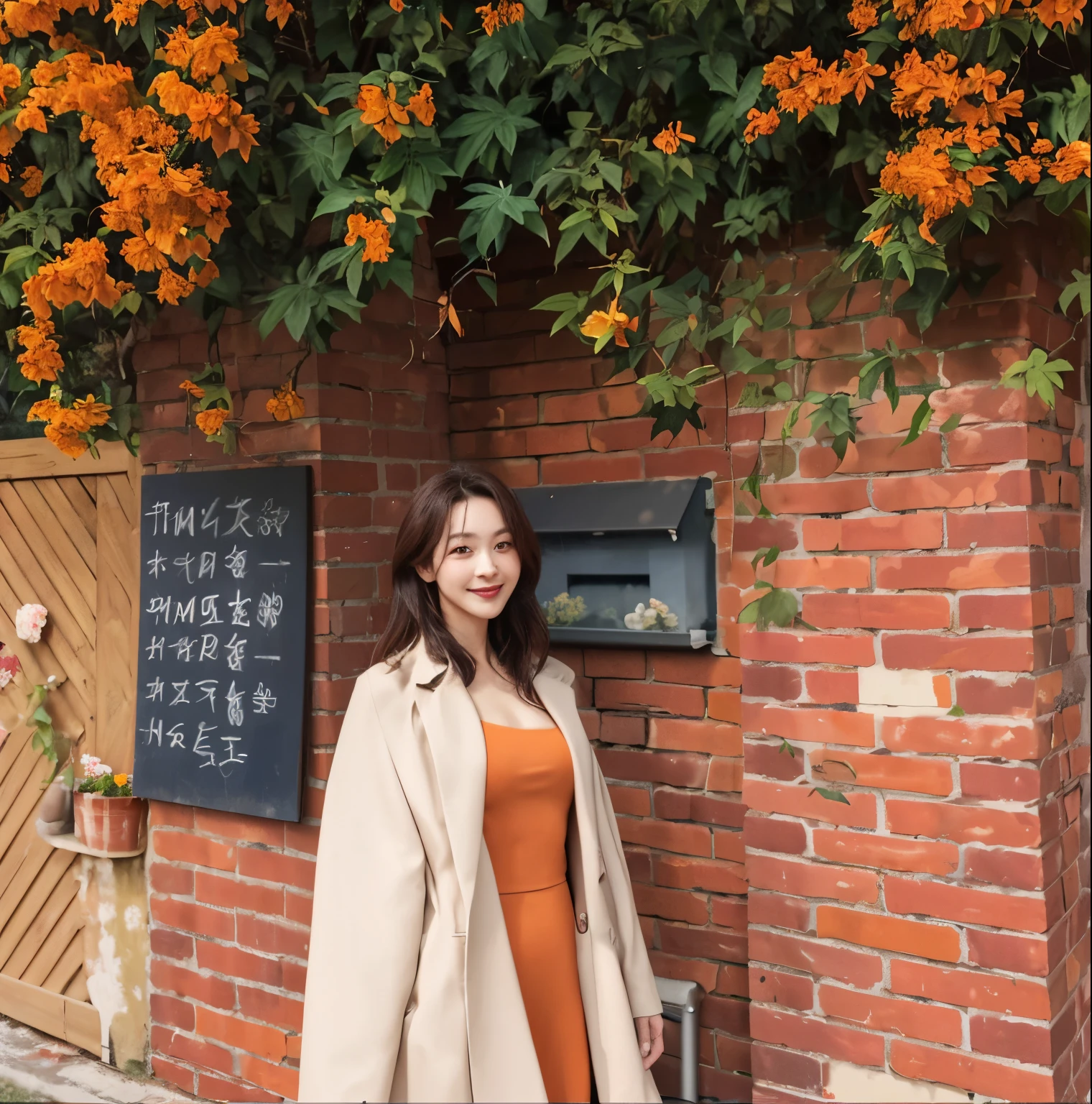 French-German woman standing in front of a brick wall with orange flowers, 🍁 cute big breasts, 8K)), ulzzangs, There are flowers, 8k--height 768, Middle Metaverse, xintong chen, Height 165 cm, Kim Do-young, Height 155 cm, Inspired by Kim Chung Hee, There are ivies