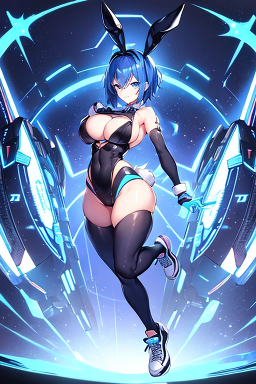 1girl, bunny ears, rabbit ears, sneakers, shoes, futuristic, tech, machinery, science-fiction, bikini, black bikini, blue trim, blue neon trim, neon trim, blue hair, very short hair, blue eyes, smile, light smile, wide hips, breasts, large breasts, full body