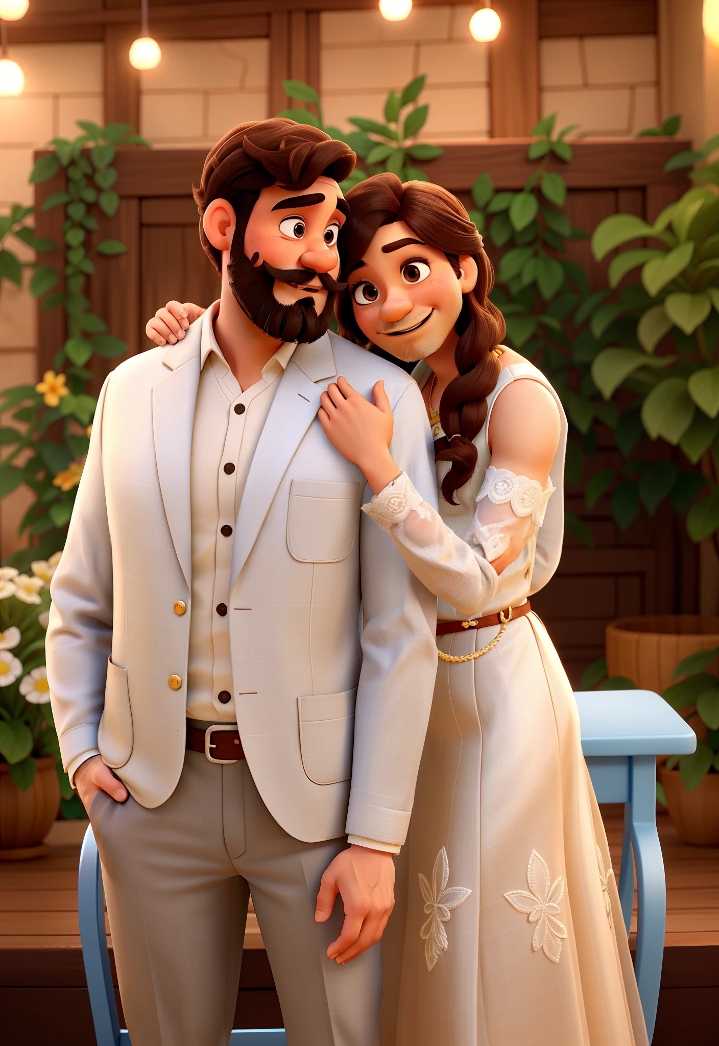 Homem de terno sem barba e bigode e mulher de vestido de noiva, apaixonados, Disney pixar |