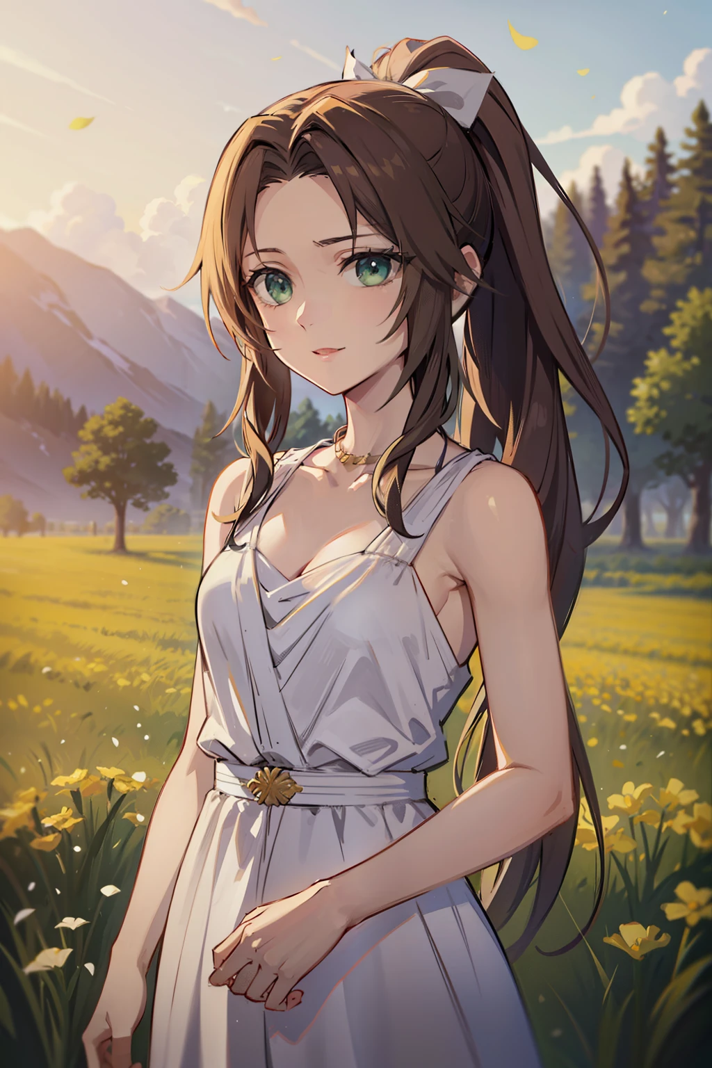 (high-quality, breathtaking),(expressive eyes, perfect face) 1girl, female, solo, young adult, brown hair, green coloured eyes, stylised hair, gentle smile, long length hair, loose hair, side bangs, curley hair, tied up, red ribbon in hair, ponytail, ancient greek clothes, elegant , Aerith Gainsborough, long white dress, demon slayer art style, background field of flowers