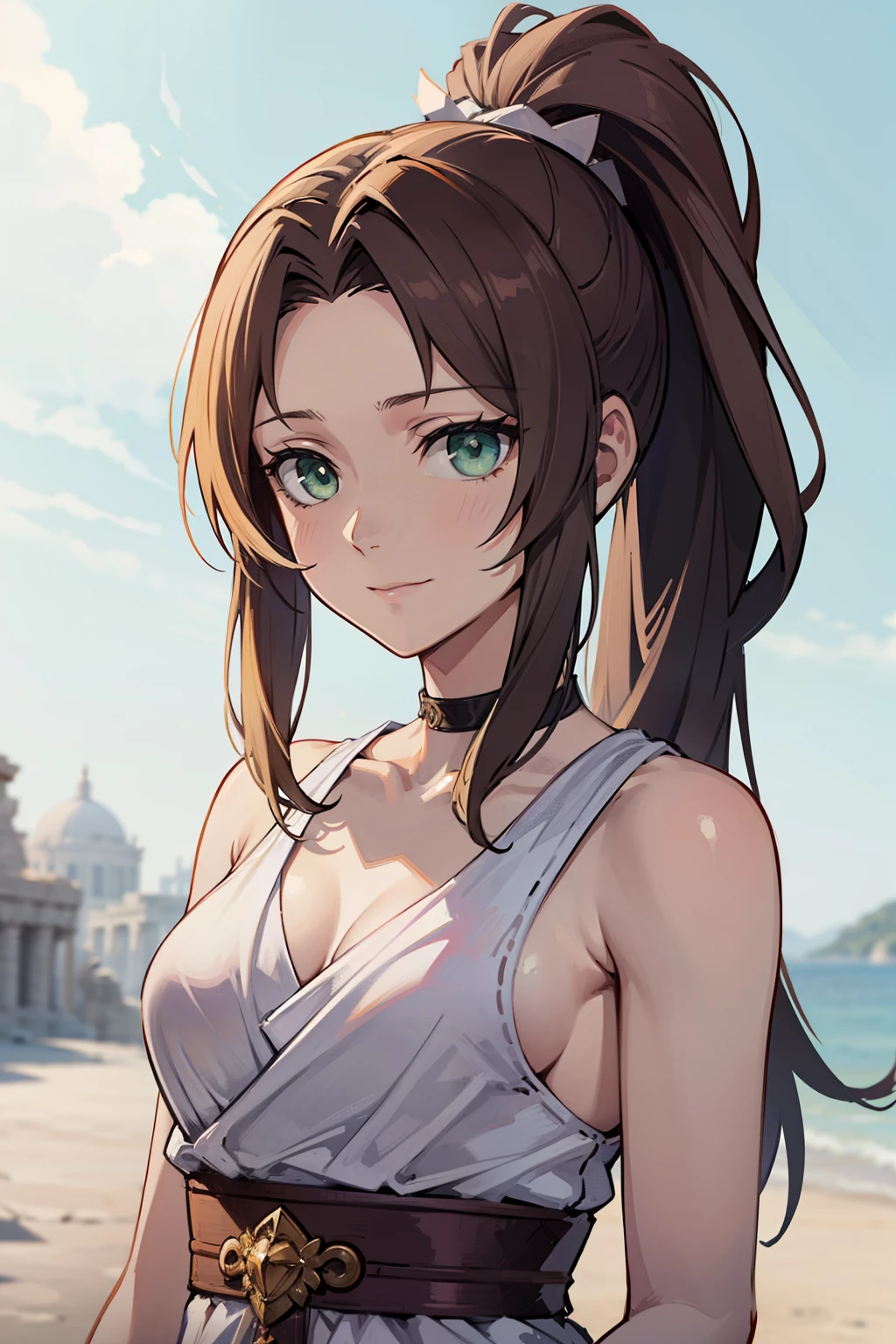 (high-quality, breathtaking),(expressive eyes, perfect face) 1girl, female, solo, young adult, brown hair, green coloured eyes, stylised hair, gentle smile, long length hair, loose hair, side bangs, curley hair, tied up, ribbon in hair, ponytail, ancient greek clothes, elegant , Aerith Gainsborough, long white dress, demon slayer art style