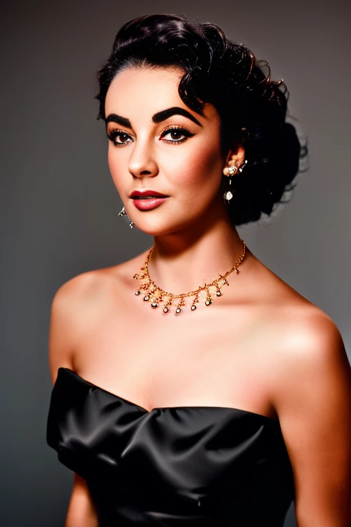 A realistic full portrait image of young actress Elizabeth Taylor with black hairstyle, beautiful, perfect silicon boobs, fit sexy muscular hardbody, ((Perfekte Augen)), (Augen-Make-up:1.1), Lippenstift, Blick auf den Betrachter, detailliertes Gesicht, smil, (Hochdetaillierter Skin:1.1), Perfect Body, (wears a gold necklace and earrings), ((wearing a classic black strapless dress by Chanel)), ModelShoot-Stil, Professionelle Fotografie, Dramatische Beleuchtung, fotorealistisch, ((Stehen in einem dunklen Studiohintergrund)), verschwommener Hintergrund, .RAW, Analoger Stil, Scharfer Fokus, 8K, high resolution, DSLR, High quality, Fujifilm XT3, Filmkorn, awards winning, Meisterwerk,
