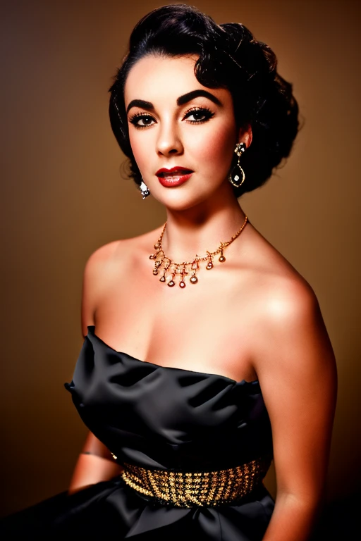 A realistic full portrait image of young actress Elizabeth Taylor with black hairstyle, beautiful, perfect silicon boobs, fit sexy muscular hardbody, ((Perfekte Augen)), (Augen-Make-up:1.1), Lippenstift, Blick auf den Betrachter, detailliertes Gesicht, smil, (Hochdetaillierter Skin:1.1), Perfect Body, (wears a gold necklace and earrings), ((wearing a classic black strapless dress by Chanel)), ModelShoot-Stil, Professionelle Fotografie, Dramatische Beleuchtung, fotorealistisch, ((Stehen in einem dunklen Studiohintergrund)), verschwommener Hintergrund, .RAW, Analoger Stil, Scharfer Fokus, 8K, high resolution, DSLR, High quality, Fujifilm XT3, Filmkorn, awards winning, Meisterwerk,