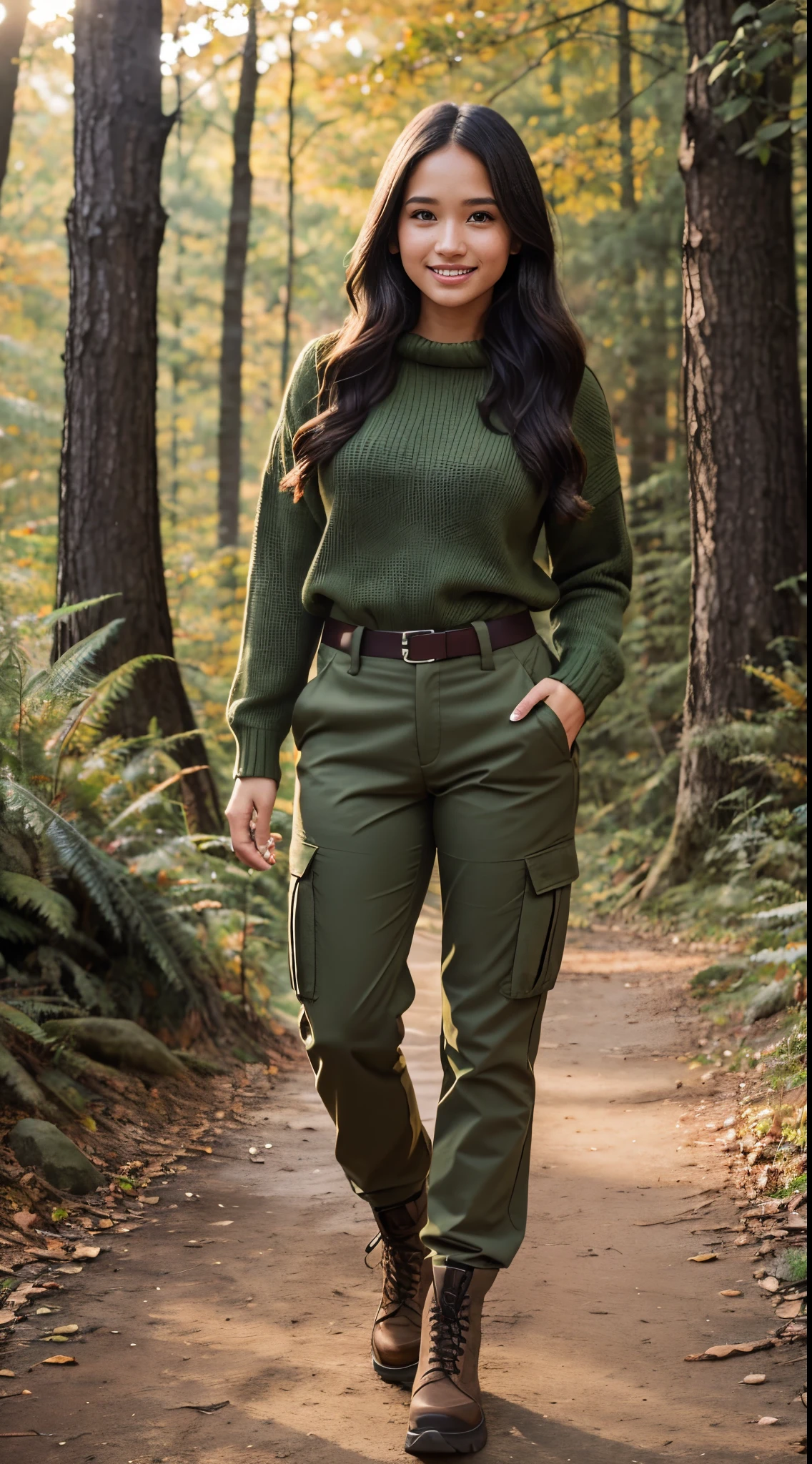 Foto hiperrealista en primer plano de Kelsey Asbille (native American ((olive dark skin))), masterpiece, best quality, full body, (army green winter Plus Size Long Sleeve Pullover casual Sweater:1.1), (army green cargo pants:1.2), fall hiking in the forest, romantic sunset, fall colors, cinematic light, beautiful woman, skinny, large breasts, black long hair, ponytail hairstyle, detailed face, smile, facing the camera, photo taken from a distance, age of 25 years old