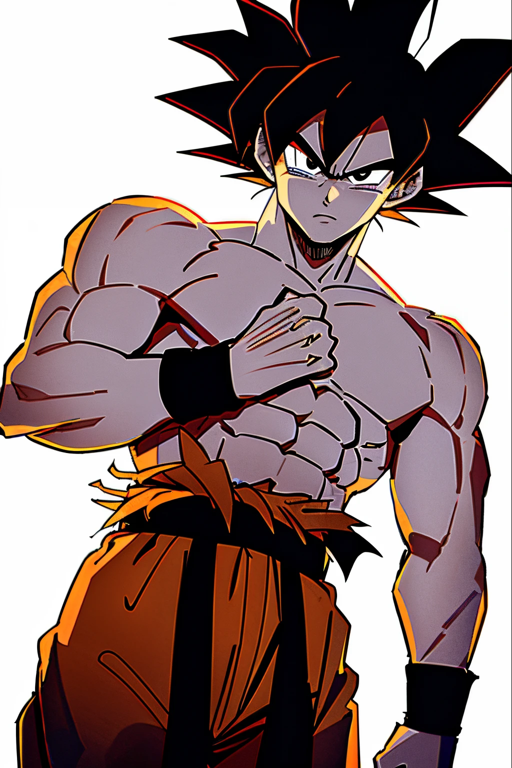 son goku, 1boy, closed mouth, male focus, muscular, muscular male, rock, sash, serious, solo, spiked hair, topless male, torn clothes, ultra instinct, black eyes, black hair, ((masterpiece))