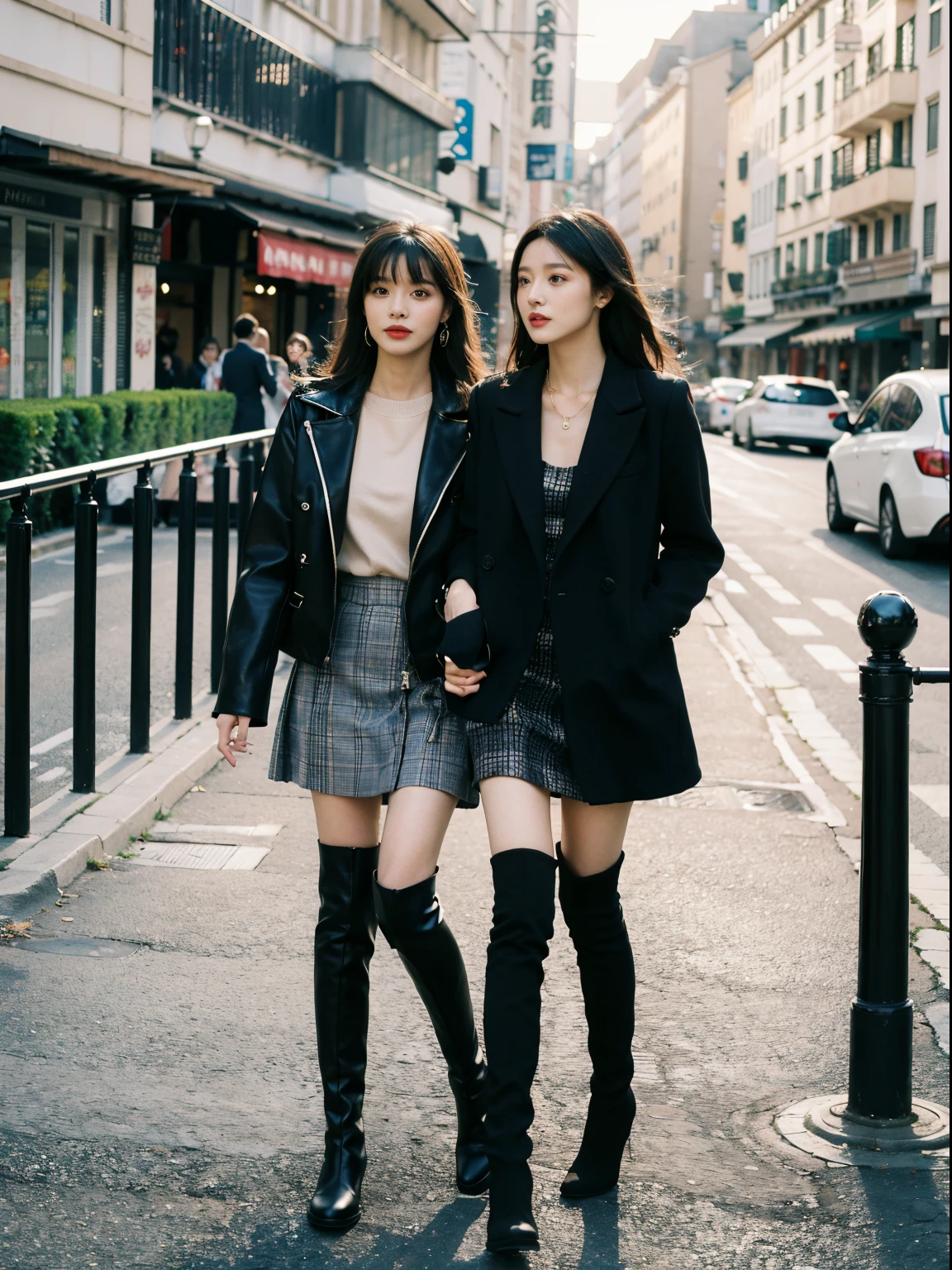 Best quality at best,tmasterpiece,超高分辨率,(actual:1.4),RAW photogr,hyper HD,8K,There one girl,Stylish clothes,Chanel style,Stylish skinny suit, wearing jacket and skirt,high-class fashion,ellegance, short skirt and a long jacket, tigh-high boots,Over-the-knee boots,Casual pose