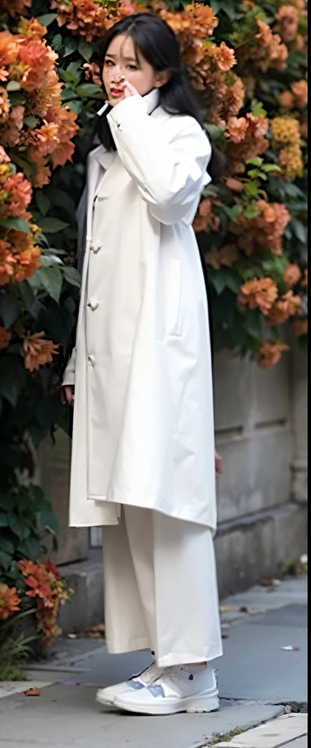 Woman in white coat standing on sidewalk next to shrubs and flowers, Wearing an old white coat, Manteau blanc, coat pleats, Wearing a white winter coat, very sharp details, Wearing a duster, full body close-up shot, Manteau, wearing long white, long white cape, Detailed picture, retro look, Close-up full-body shot, White cloak