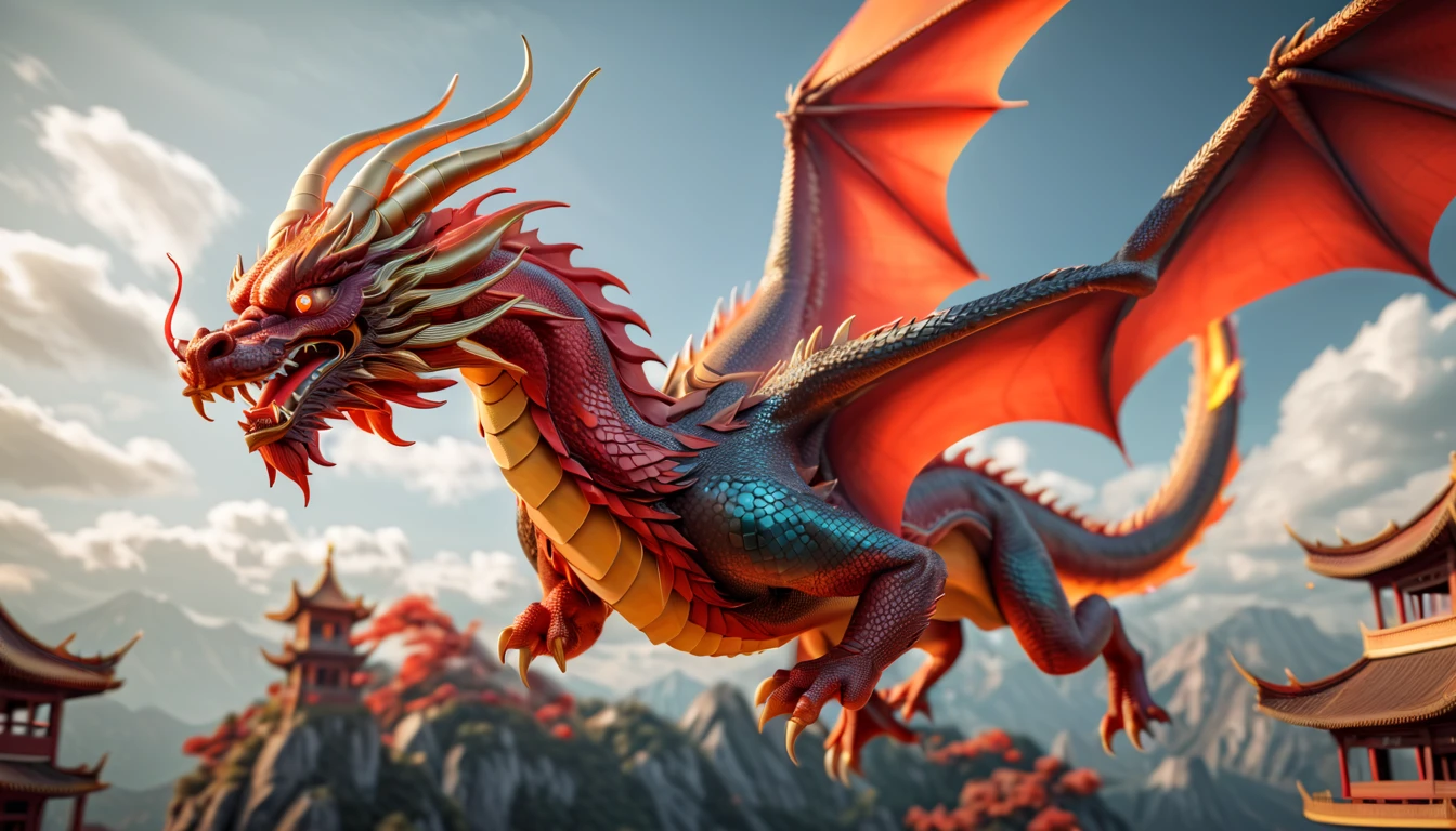 Druged 3d chinese dragon, Flying, huge, capsuled dragon 3 d art, stunning artwork, extremely high quality artwork, beautiful artwork, colorful hyperrealism, beeple colors, red, red tones, orange, grey, wide shot, (best quality,4k,8k,highres,masterpiece:1.2),ultra-detailed,(realistic,photorealistic,photo-realistic:1.37),HDR,UHD,studio lighting,ultra-fine painting,sharp focus,physically-based rendering,extreme detail description,professional,vivid colors,bokeh. Attention：Original art by Tupu.