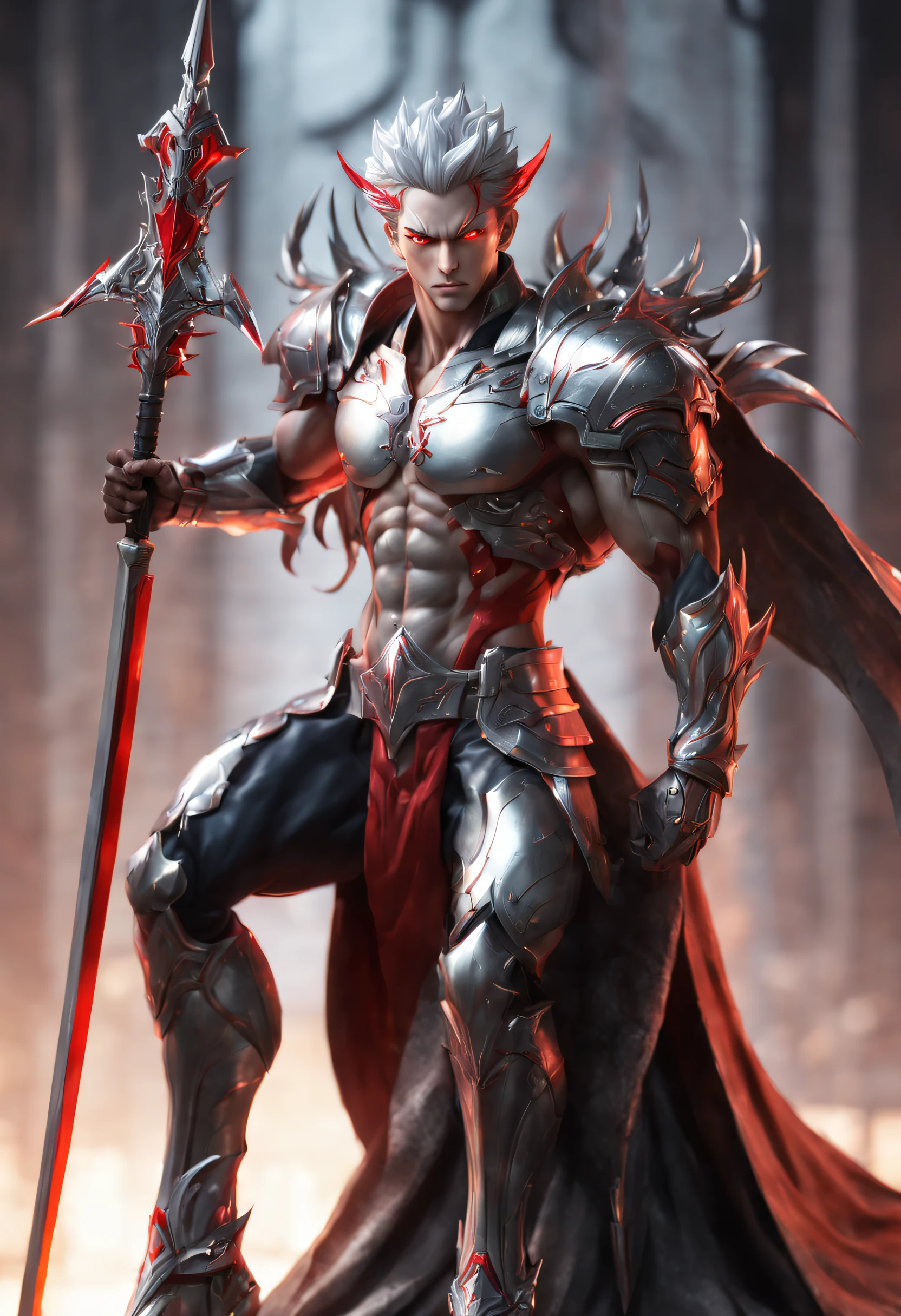 full body shot, diorama, muscular male, handsome male, silver short hair, red huge eyes, fusion with silver sword, demon lord, silver aura, sitting, silver sword throne, hard light,