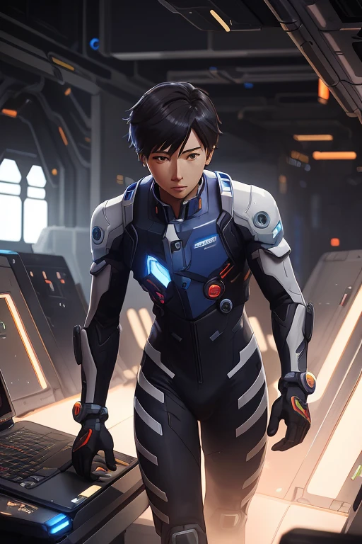 there a man in a futuristic suit standing in front of a laptop, makoto shinkai ( apex legends ), men in mecha cyber armor, portrait anime space cadet man, cyber suit, echo from overwatch, inspired by Marek Okon, anime cyborg, digital cyberpunk anime art, inspired by Leng Mei, cyberpunk anime men mech, perfect anime cyborg man