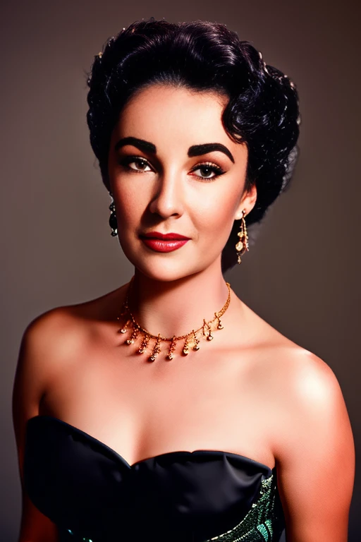 A realistic full portrait image of young actress Elizabeth Taylor with black hairstyle, beautiful, (perfect silicon boobs), (((fit sexy muscular hardbody))), ((Perfekte Augen)), (Augen-Make-up:1.1), Lippenstift, Blick auf den Betrachter, detailliertes Gesicht, smil, (Hochdetaillierter Skin:1.1), Perfect Body, (wears a gold necklace and earrings), ((wearing a classic black strapless dress by Chanel)), ModelShoot-Stil, Professionelle Fotografie, Dramatische Beleuchtung, fotorealistisch, ((Stehen in einem dunklen Studiohintergrund)), verschwommener Hintergrund, .RAW, Analoger Stil, Scharfer Fokus, 8K, high resolution, DSLR, High quality, Fujifilm XT3, Filmkorn, awards winning, Meisterwerk,