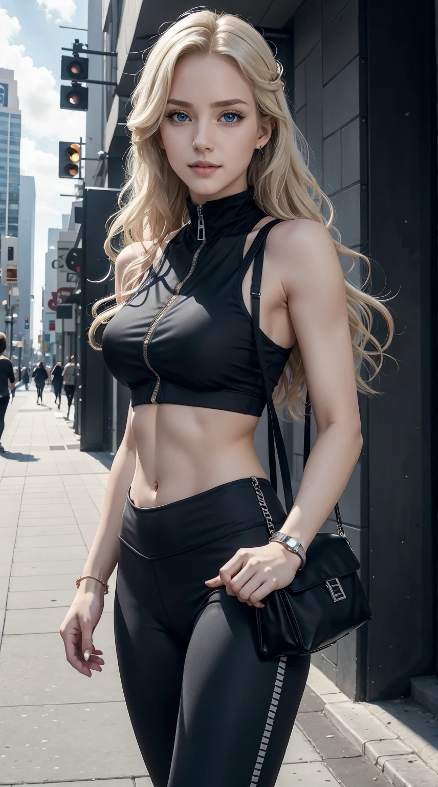 25-year-old Caucasian woman、platinum-blonde、blue eyess、Semi-long、My hair is wavy、accessories on the wrist、wearing a choker、My abs are cracked、I can see the belly button、slim muscular body、I don't want my head to disappear from the screen.、standing on the city sidewalk、Wearing a high neck zipper up tank top、wearing a jacket、I'm wearing low-rise leggings、I have a bag、a smile、