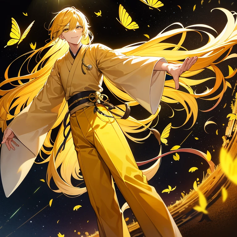 Tall man with long yellow hair and yellow eyes wearing a long sleeve yellow ancient Japanese shirt and long yellow pants. He reaching his right hand out with his hand open and he smiling with yellow butterflies flying around him and the sun shining in the background with a rainbow