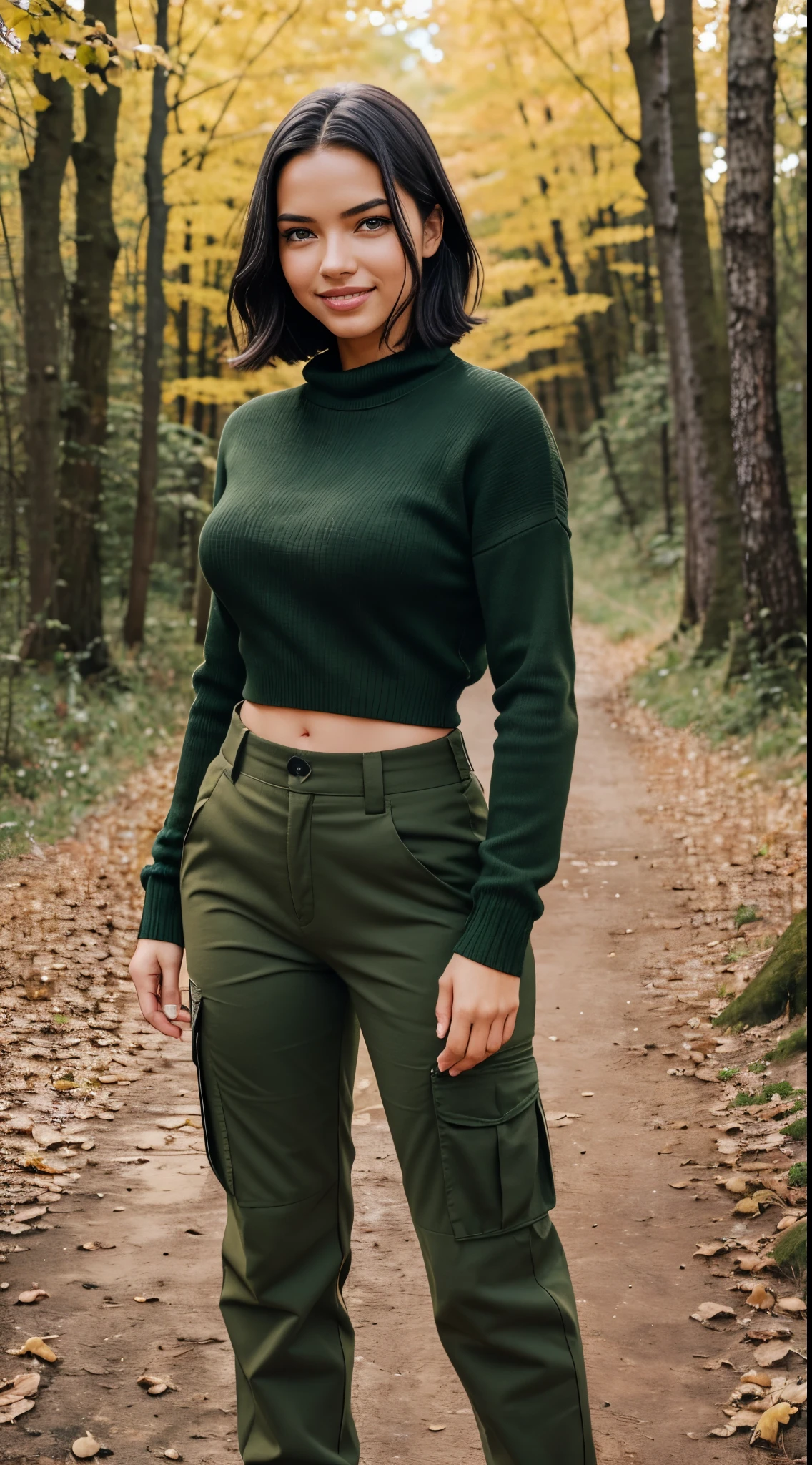 Foto hiperrealista en primer plano de Adriana Lima,, masterpiece, best quality, (photorealistic:1.4), full body, (army green winter Plus Size Long Sleeve Pullover casual Sweater:1.1), (army green cargo pants:1.2), fall hiking in the forest, romantic sunset, fall colors, cinematic light, beautiful woman, skinny, medium breasts, black short hair (bob short hair:1.2), ponytail hairstyle, detailed face, smile, facing the camera, photo taken from a distance, age of , smile