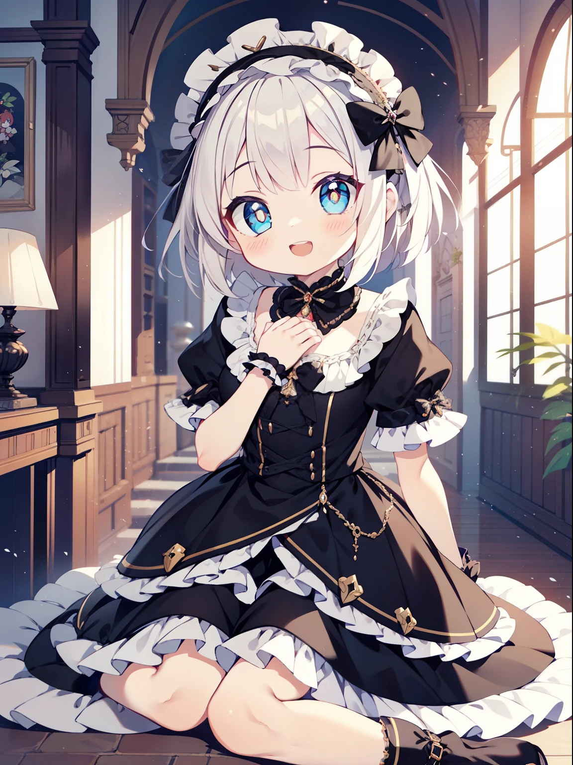colorido , masutepiece, best quality, 1girl em, , cabelo roxo, short hair, Executiva Feminina Malvada, Gothic Loliostume, uma minissaia, Meias brancas, fita vermelha grande, uma gargantilha, interior branco, roupas pretas, sadistic smile, sorriso maligno, Botas pretas, Asas de morcego, pequeno, de baixo, Olhando para o Viewer, pelos entre os olhos, olhos vermelhos, olhos brilhantes, boca aberta, dente, presa, hand on own chest, beijar, Seios enormes, clivagem,