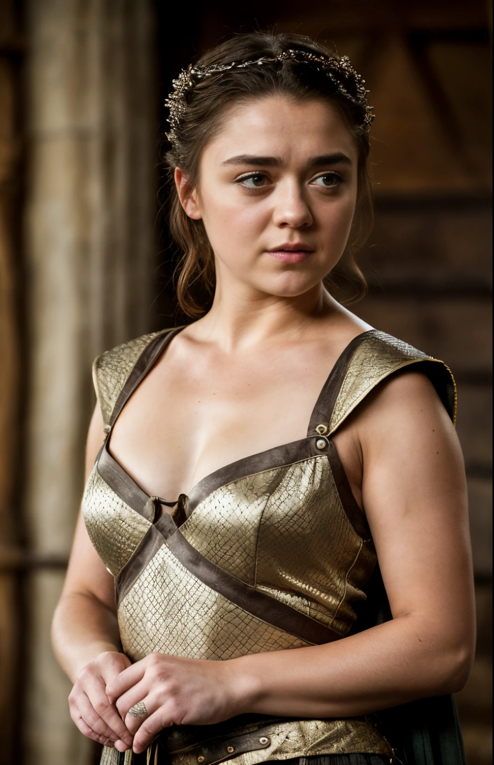 Foto RAW, Arya Stark, Extremely gorgeous lady, Arya Stark PLAYED BY MAISIE WILLIAMS, Queen Arya Stark, she  a mature woman now, milf, sexy mediaeval battle dress, gladiator woman, body, 40 years old Woman, body revealing costumes, perky breast, big natural breast, erotic costumes, lusty physique, seductive figure can capture every people's attention, Game of thrones costumes, revealing captivating figure, Mediaeval costumes, revealing clothes, A tomboy, she would rather fence than dance, warrior queen , game of thrones screen caps, Game of Thrones Series, (pele altamente detalhada: 1.2), 8k UHD, DSLR, soft-lighting, alta qualidade, grain of film, Fujifilm XT3, flawless picture, highly detailed, detailed Beauty, intricate, 32k, sharp picture,