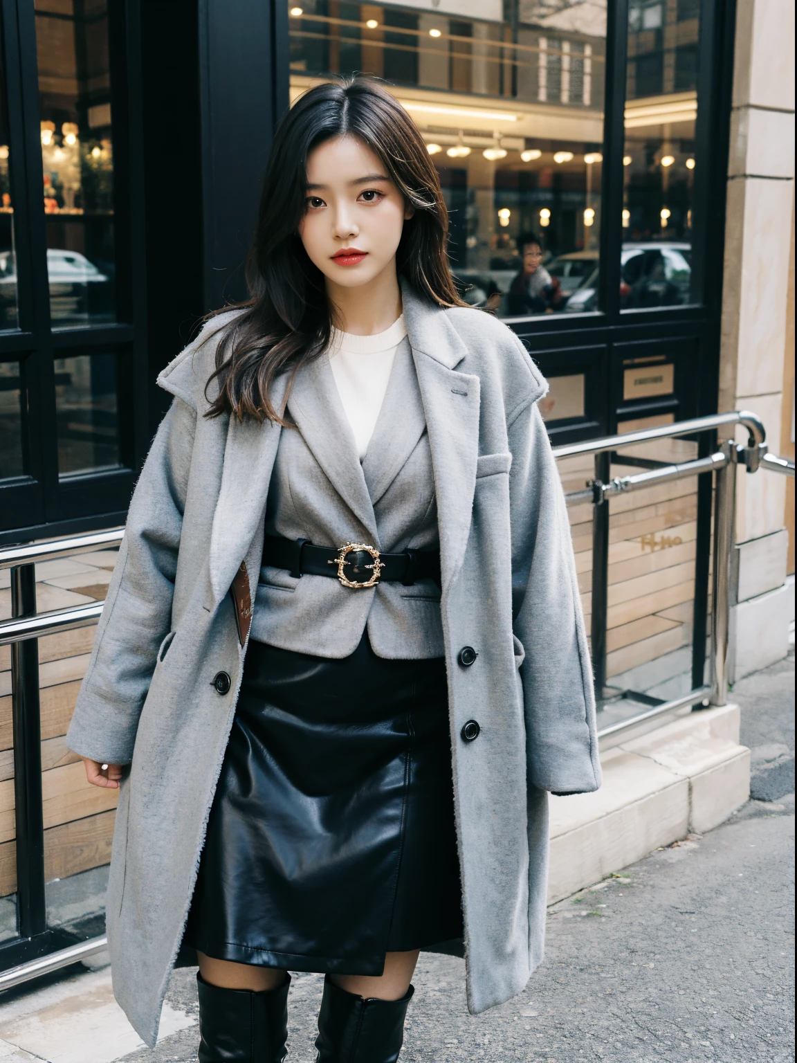 Best quality at best,tmasterpiece,超高分辨率,(actual:1.4),RAW photogr,hyper HD,8K,There one girl,Stylish clothes,Chanel style,Stylish skinny suit, wearing jacket and skirt,high-class fashion,ellegance, short skirt and a long jacket, tigh-high boots,Over-the-knee boots,Casual pose