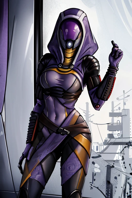 tali, 1girl, solo, hood, purple bodysuit, mask, (helmet, faceless), hood up, alien, inside