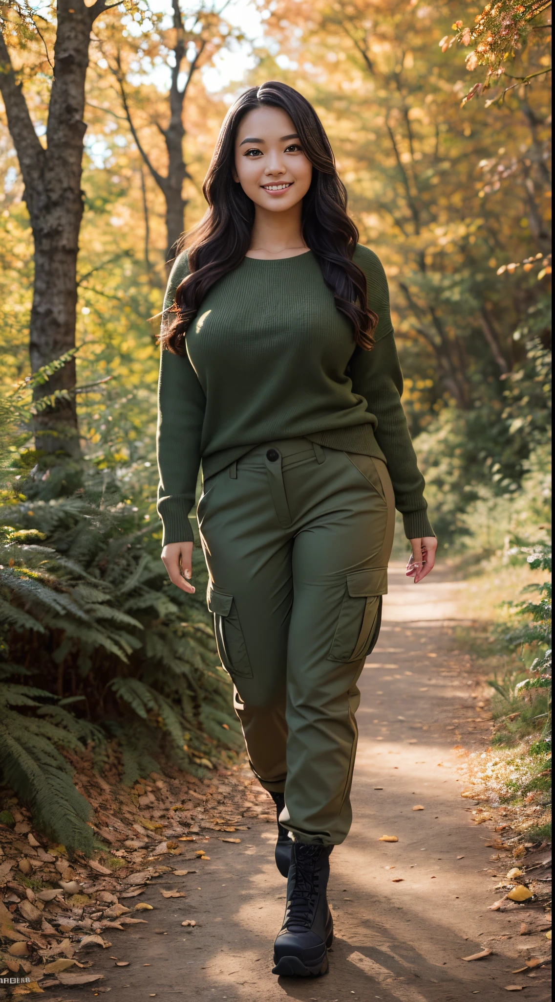 Foto hiperrealista en primer plano de Kim Joo, masterpiece, best quality, (photorealistic:1.4), full body, (army green winter Plus Size Long Sleeve Pullover casual Sweater:1.1), (army green cargo pants:1.2), fall hiking in the forest, romantic sunset, fall colors, cinematic light, beautiful woman, skinny skinny, large big breasts, black long hair, hair in a ponytail, detailed face, smile, facing the camera, photo taken from a distance, age of 25 years old