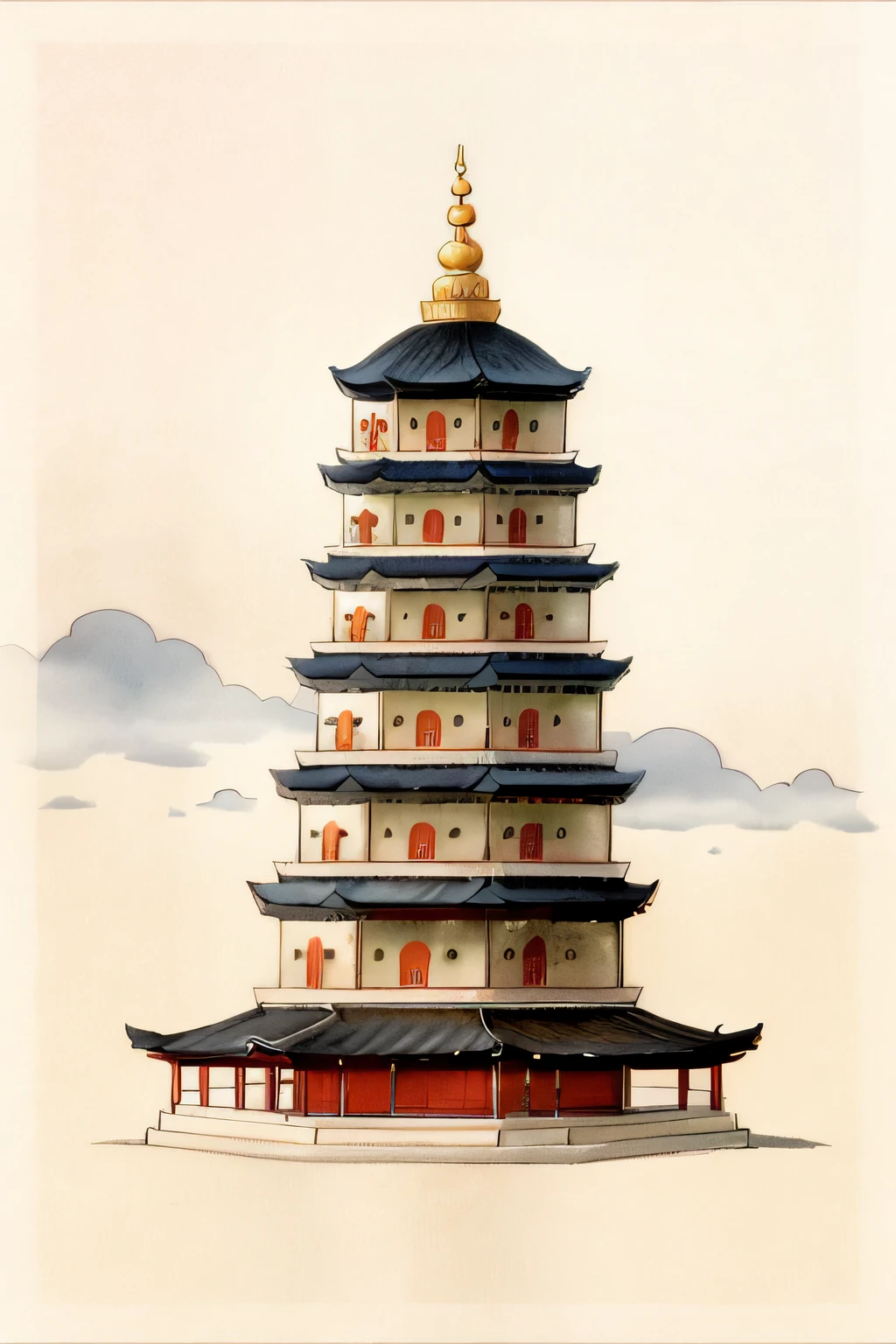 Close up of drawing of high rise building with clock on top, digital painting of a pagoda, pagoda, a temple background, a temple, background depicting a temple, Chinese architecture, Ancient Chinese pagodas, large temples, temple, Chinese palaces, Zen temple background, Chinese temple, tower, Inspired by::《Qiu Wentianjiang》, contour drawing