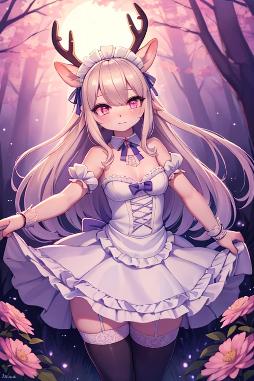 (aesthetic, detailed, high-res), femboy deer, maid dress, thigh highs, graceful pose, soft expression, pastel colors, delicate lace details, dreamy lighting, ethereal atmosphere, blooming flowers in the background, woodland setting, enchanted forest scenery, whimsical and romantic, Anime-inspired style, glowing eyes, antlers adorned with ribbons, gentle and elegant demeanor, dancing in the moonlight, magical aura, shy demeanor