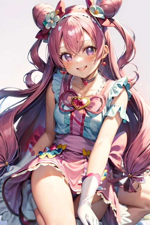 masutepiece, Best Quality, Cure Precious, Long hair,Hair Flower, White Gloves, Pink hair, Bow, Jewelry, earrings, cone hair bun, Hair Bow, Purple eyes, Red bow,Shiny hair, shairband, 鎖骨, magical , heart brooch, Dress, Pink choker, Short dress, Skirt, White Apron, two side up, brooches, Miniskirt,Pink background, Smile,Cowboy Shot,