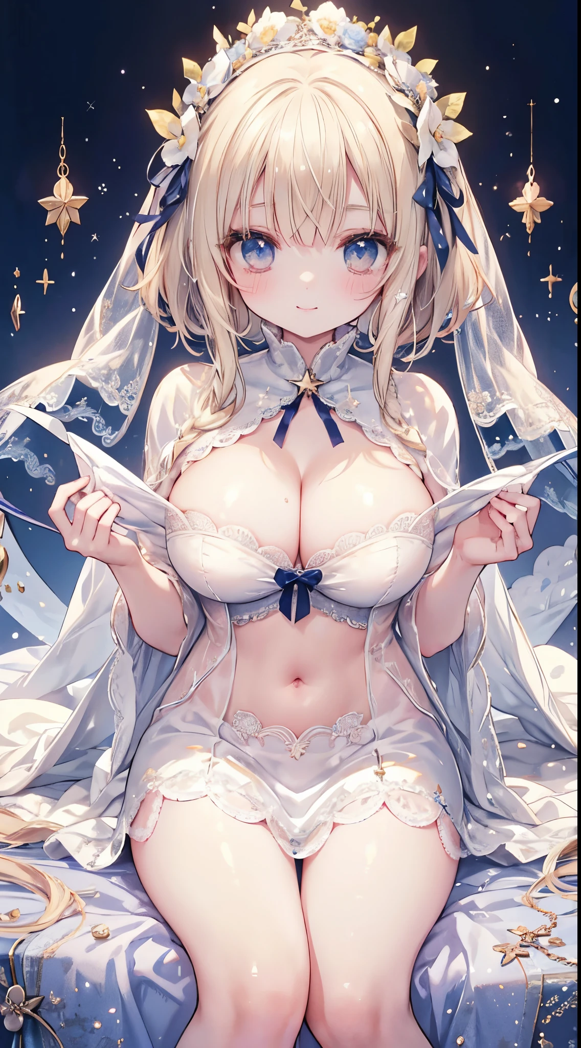 女の子1人、starry night and snow、Too large breasts、爆乳、cleavage of the breast、Star Eyes、pale blonde hair、White lace dress with sparkling stars、Large ribbon、Big stars、Star brooch、collect stars、Lace cape、Lace veil、Navel Ejection、Star Girl、star princess、a smile、