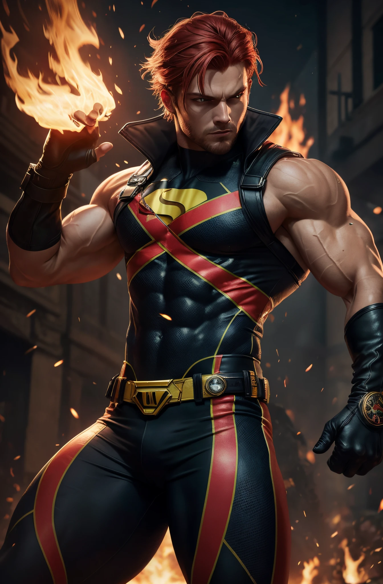 1 man, 1 male, male-focus, super-hero, muscular man, 25-year old, red hair, blue eyes, red and yellow tights, black fingerless gloves, flames bursting out of his hands, flame tattoo on arms, surrounded by flames, bulging muscles, finely detailed eyes and detailed face, extremely detailed CG unity 8k wallpaper, intricate details, portrait, solo, detailed background, bokeh, raytracing, realistic textured skin, particle effects, depth of field,