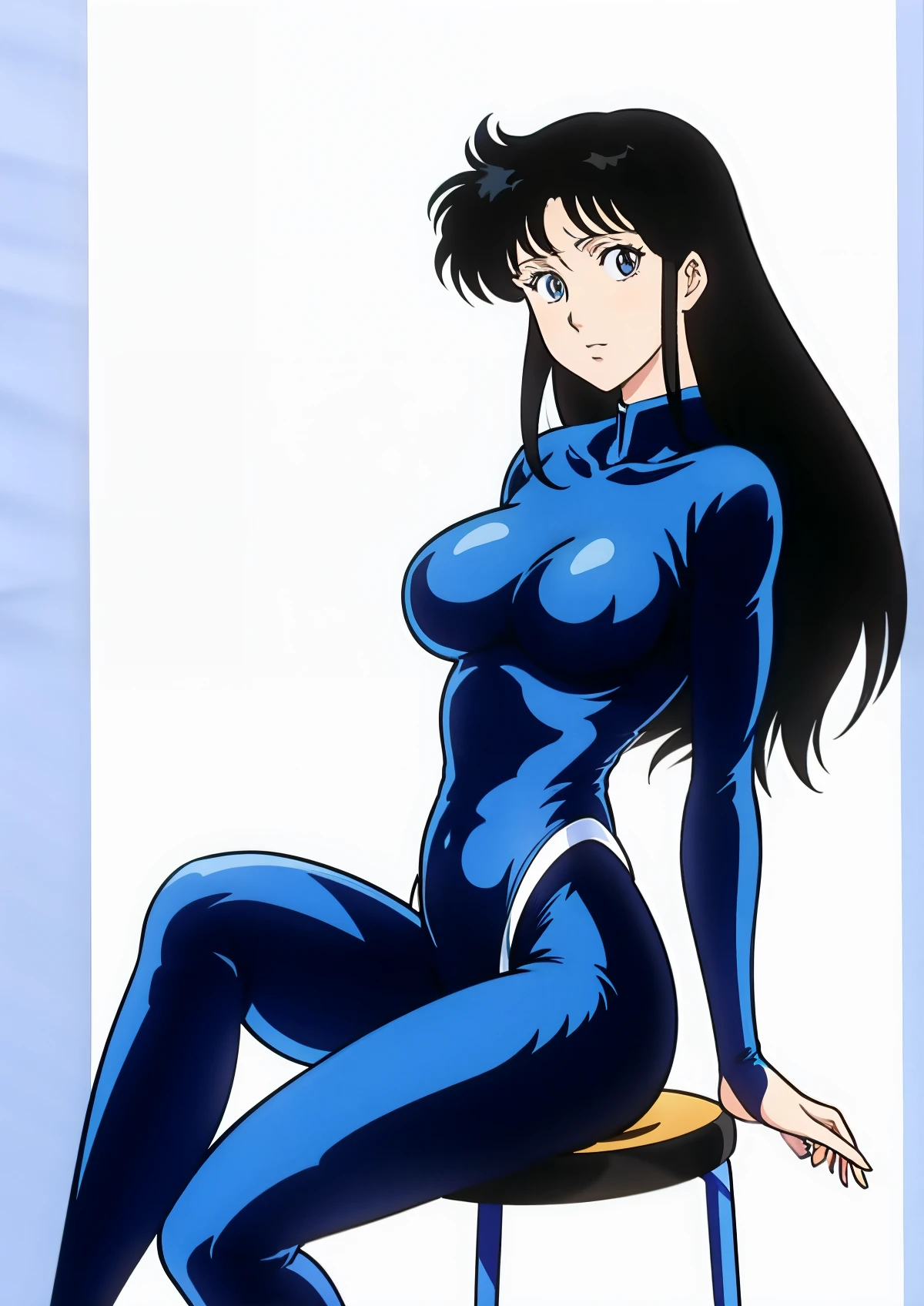 Cartoon photo of a woman in a blue bodysuit sitting on a stool, Girl with long black hair, portrait knights of zodiac girl, Seductive Anime Girl, beautiful alluring anime woman, Blue leotard, anime woman, beautiful anime woman, Anime princess, oppai, huge tit, had very large breasts, charming anime girls, rei hino as a princess, knights of zodiac girl, beautiful alluring anime teen, in the art style of 8 0 s anime, Manara