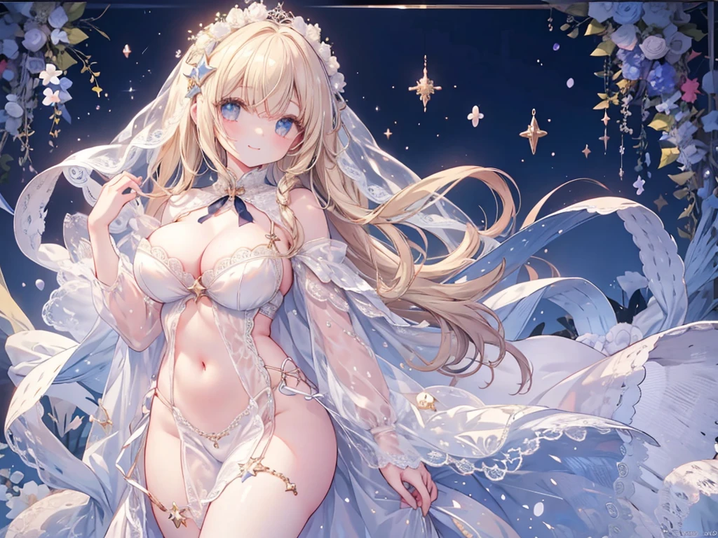 女の子1人、starry night and big breasts、、cleavage of the breast、star eyes、pale blonde soft long hair、white lace dress with sparkling stars、Large ribbon、Big Star、Star brooch、collect stars、lace cape、Lace veil、Navel Ejection、Stargirl、star princess、A smile、I'm not wearing underwear