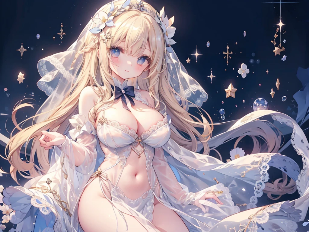 女の子1人、starry night and big breasts、、cleavage of the breast、star eyes、pale blonde soft long hair、white lace dress with sparkling stars、Large ribbon、Big Star、Star brooch、collect stars、lace cape、Lace veil、Navel Ejection、Stargirl、star princess、A smile、I'm not wearing underwear