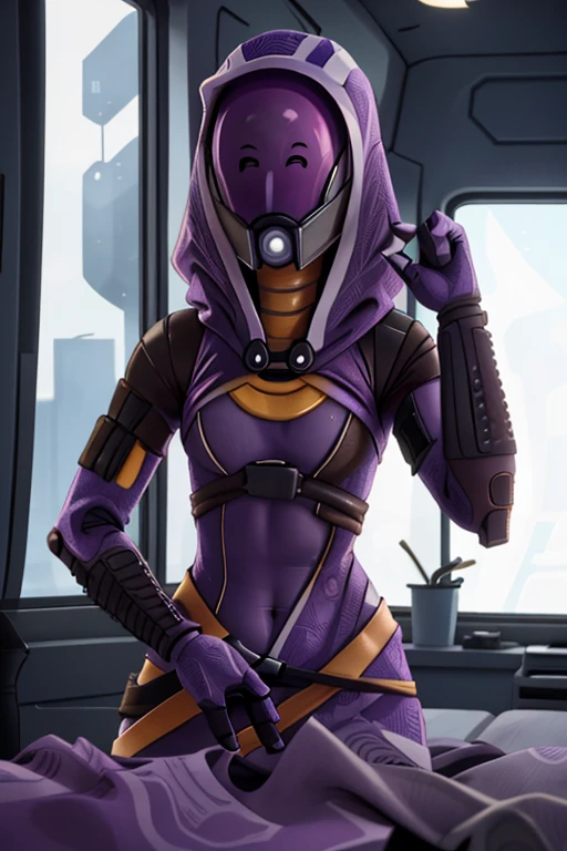 tali, 1girl, solo, hood, purple bodysuit, mask, (helmet, faceless), hood up, alien, inside