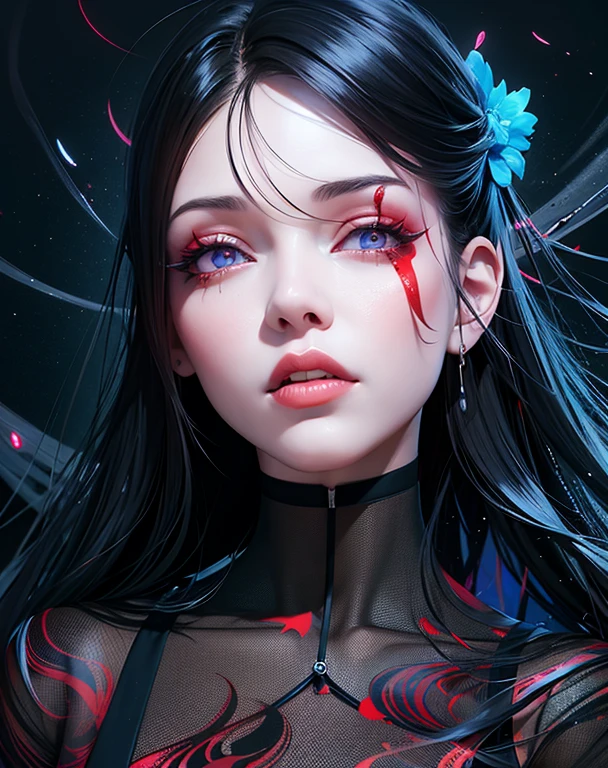 (detailed background,dark fantasy), (beautiful detailed face), high contrast, (best illumination, an extremely delicate and beautiful), ((cinematic light)), colorful, hyper detail, dramatic light, intricate details, (1 girl, solo,black hair, sharp face,red eyes, hair between eyes,dynamic angle), blood splatter, swirling black light around the character, depth of field,black light particles,(broken glass),