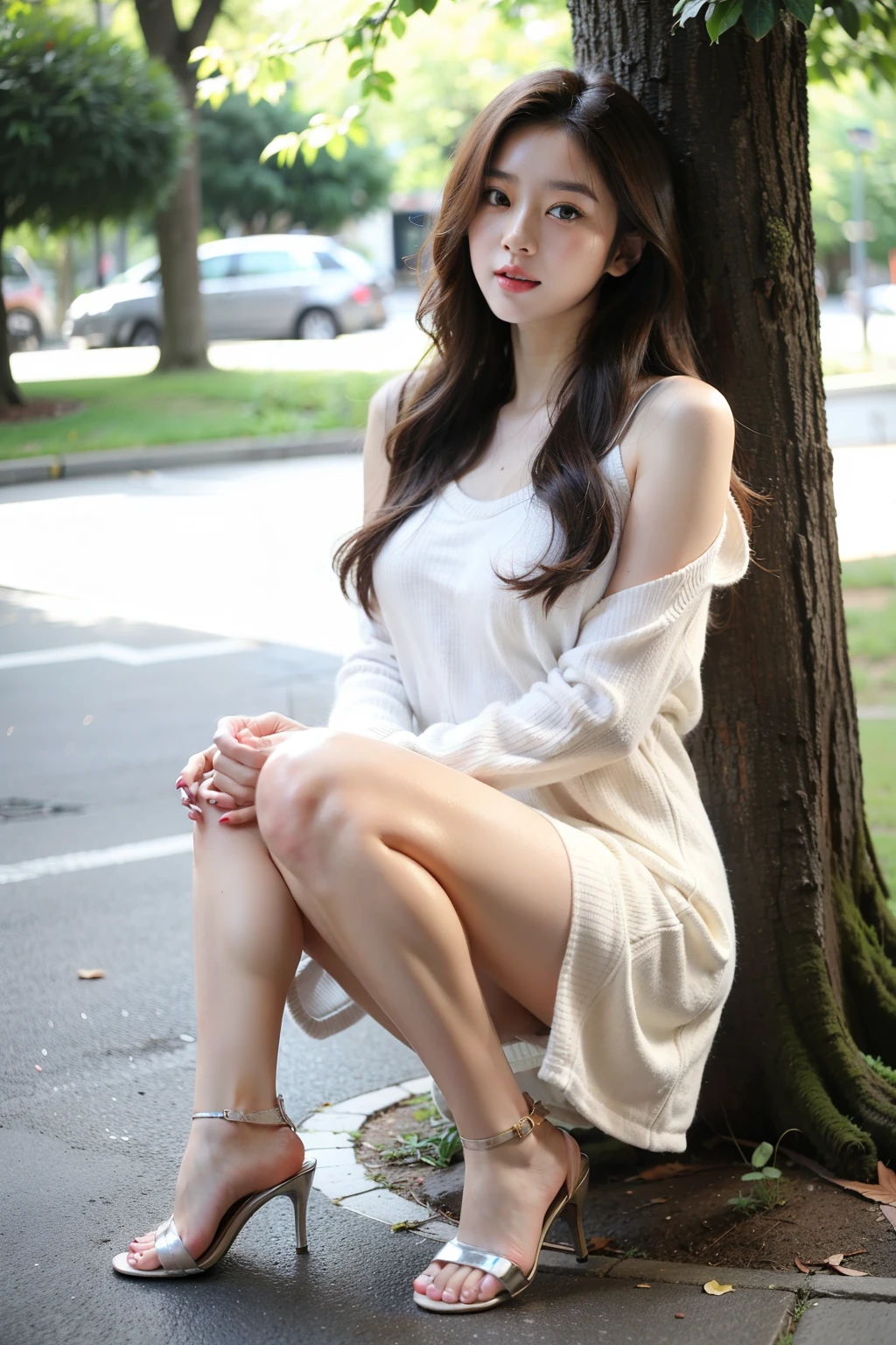 Masterpiece, Best Quality, Extremely detailed, Cinematic Lightning, intriciate detail, high resolucion, Official Art, Beautiful face and eyes with delicate details, high resolucion 그림, 8K, Bokeh, Solo, 1Girl, girl with red eyes,Black long hair, Beautiful red eyes, beautiful scenery, Rainy city, s whole body, looking up at viewer,Pantyhose,(((Pretty shoes)))