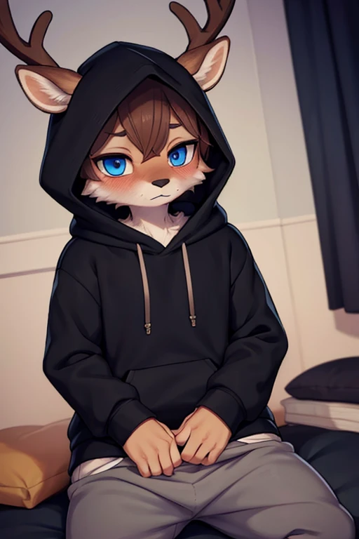 male deer furry in a black hoodie and grey sweatpants looking shy and blushing with brown hair and blue eyes