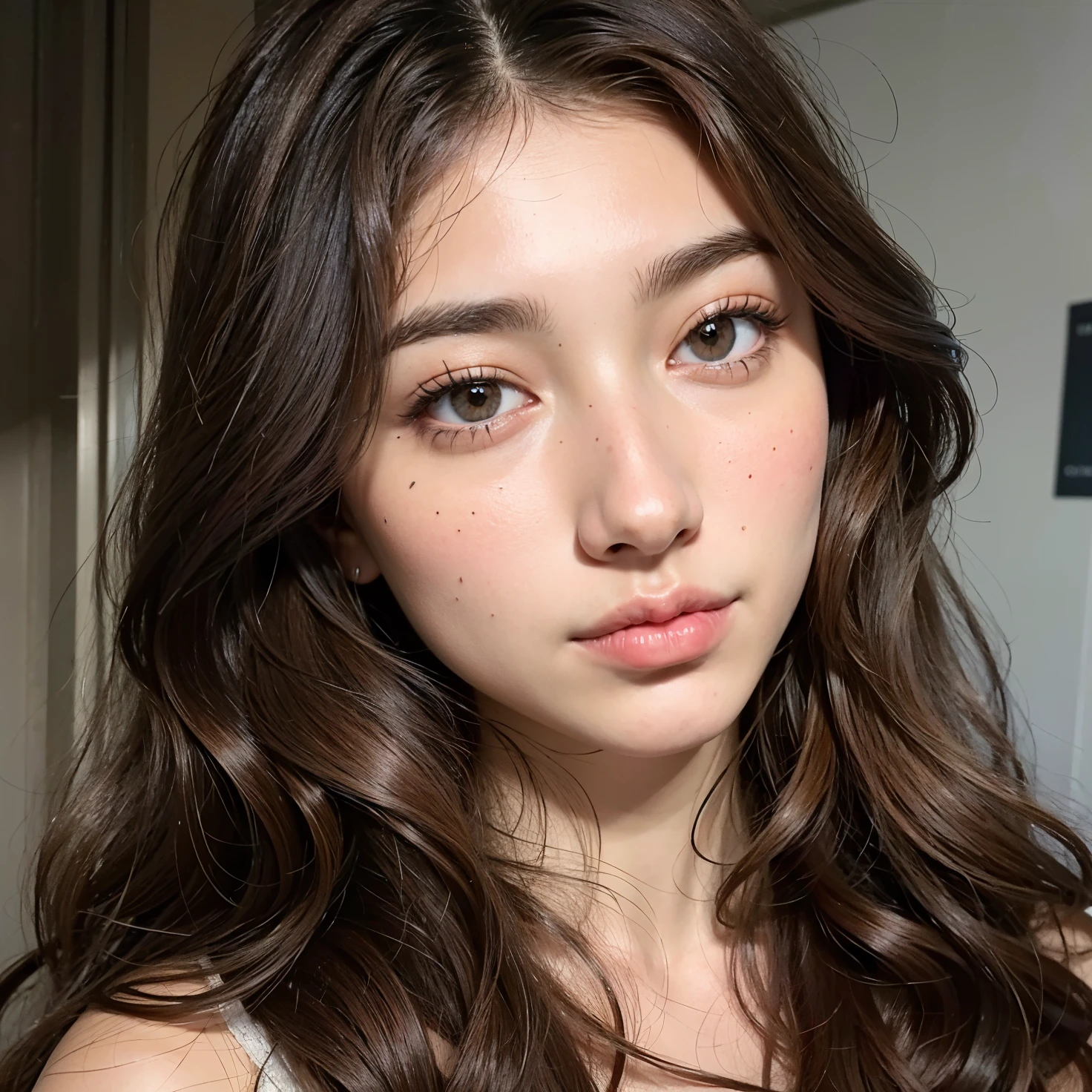 there is a woman with long brown hair and a pink blouse, cabelos castanhos e olhos grandes, 18 anos, 19-year-old girl, Retrato Sophie Mudd, rosto perfeito ), rosto extremamente bonito, pale-skinned persian girl, Violeta Myers, beautiful fine face features, natural soft pale skin, Kailee Mandel, lindo rosto delicado, cara muito bonita