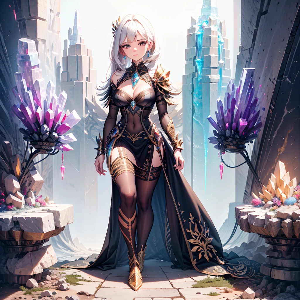 A female adventurer walking trough a crystal cave, phcrystal, crystal walls, gemstones, geode, cavern