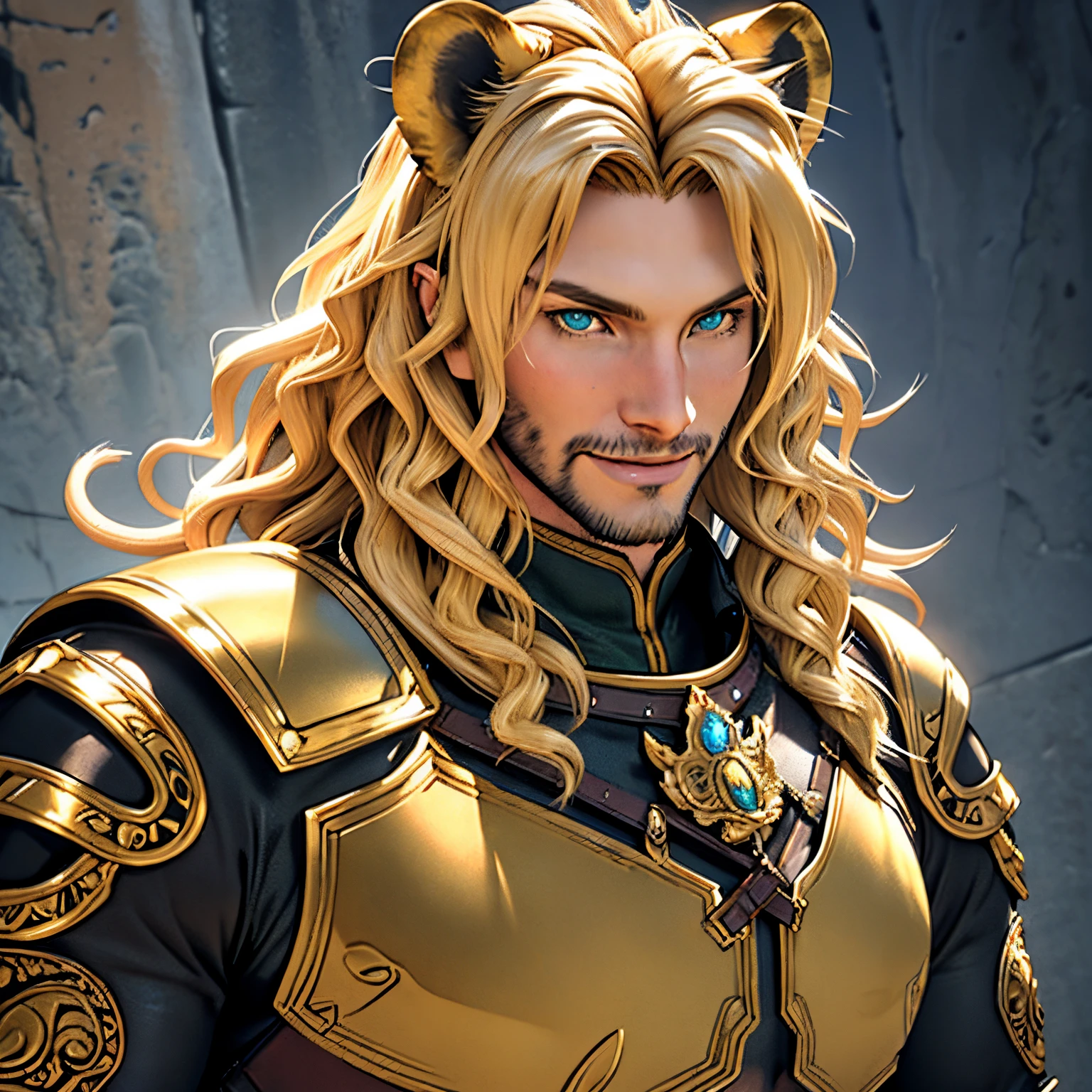 Fantasy armor, One male, lion ears, long hair, blond, blond hair, green eyes, tall, muscular, beautiful face, highest quality, masterpiece, 3d, anime, perfect face, highest detail, feline eyes, stubble, lion tail, wavy hair, cowboy shot, detailed face, intricate details, paisley background, smile, solo,