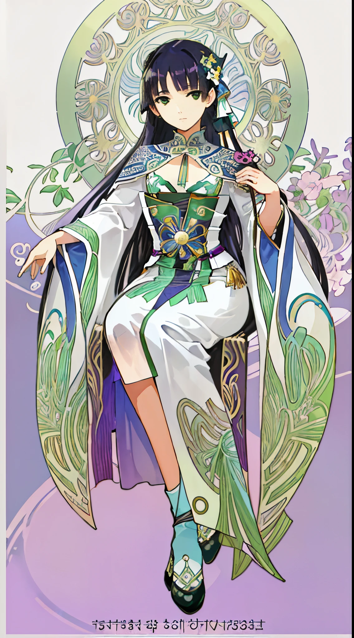 a painting of a woman sitting on a chair with flowers, anime art nouveau, alphonse mucha and rossdraws, alphonse mucha style, korean art nouveau anime, flat shading mucha, in style of alphonse mucha, demura and alphonse mucha, anime art nouveau cosmic display, inspired by Alfonse Mucha, mucha style, flat cel shading mucha