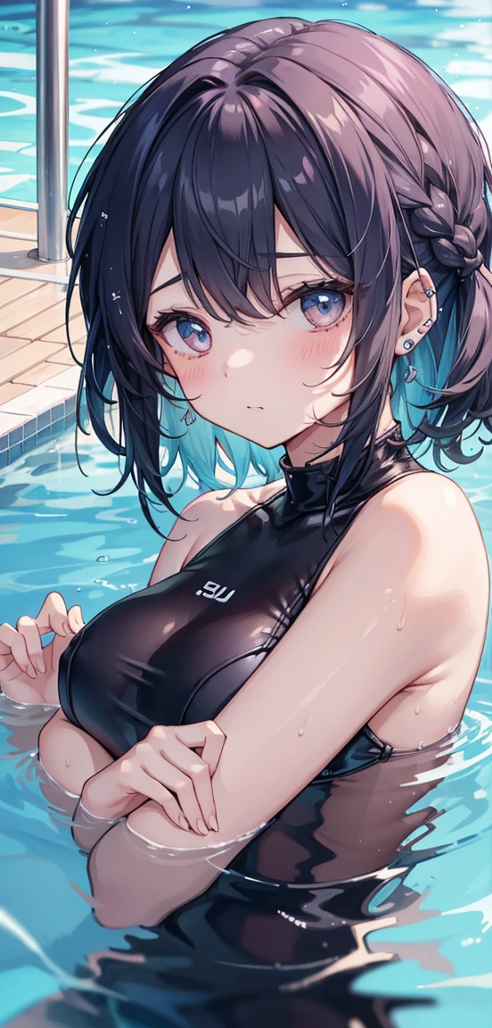 1 girl, watery big eyes*Su Jiushui*Wet hair*hair splayed out*ear studs*swimmingpool>,, LowRa:Add to_the detail:1