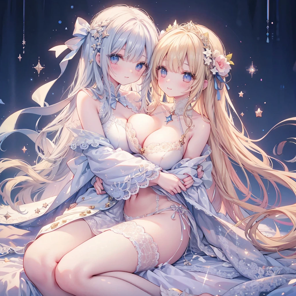1人、starry sky and big breasts、、cleavage of the breast、star eyes、pale blonde soft long hair、white lace dress with sparkling stars、Large ribbon、Big Star、Star brooch、collect stars、lace cape、Lace veil、Navel Ejection、Stargirl、star princess、A smile、I'm not wearing underwear、cuddling