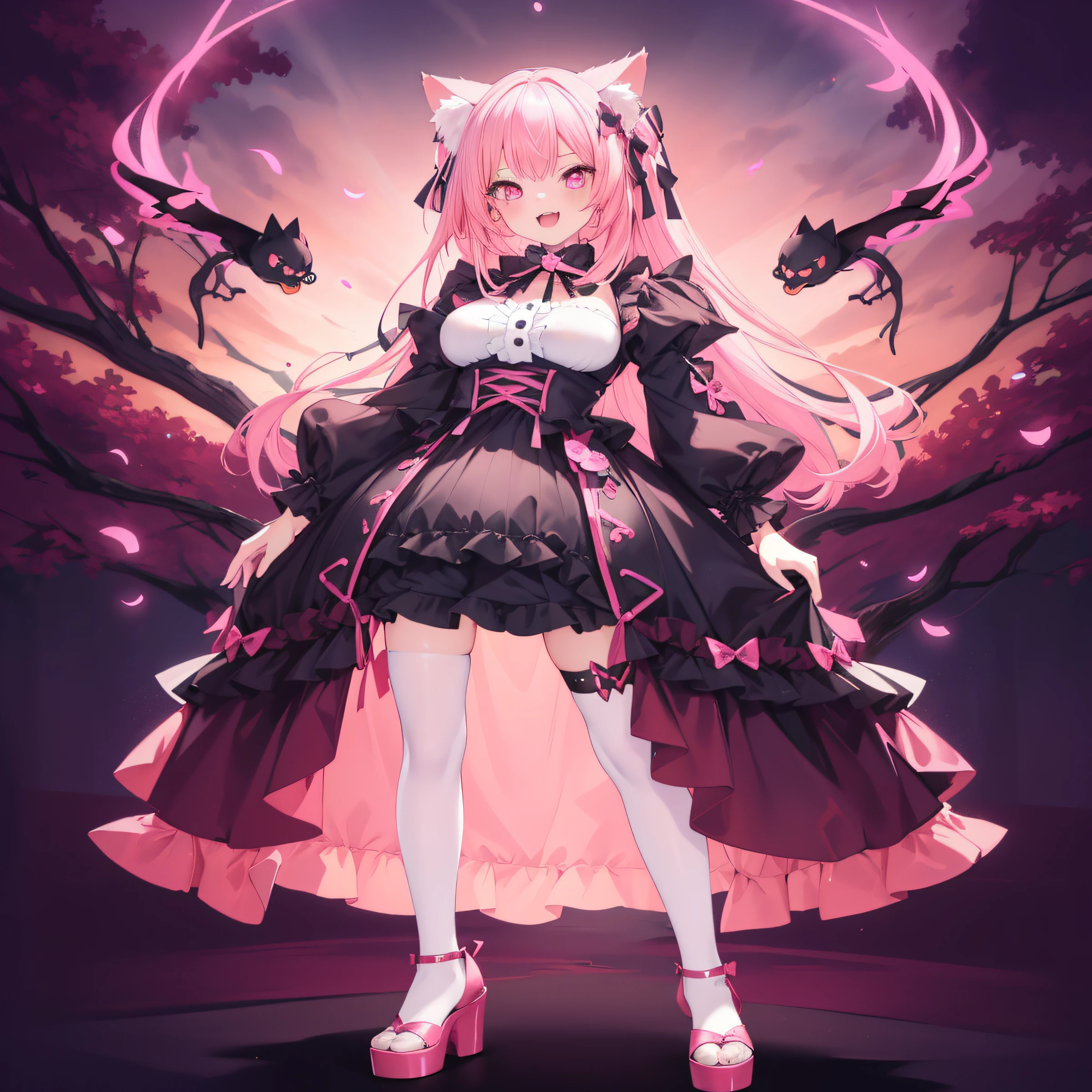 (masutepiece, Best Quality, High resolution: 1.2), 1 girl, Standing Solo, single character full body, full body concept, detail pink big eyes,Gothic ta, Pink hair, Cat ears,Style ArtGerm, Full Body Detail 4K,Devilish smile with wide open mouth,And its detailed full-body detail 4K